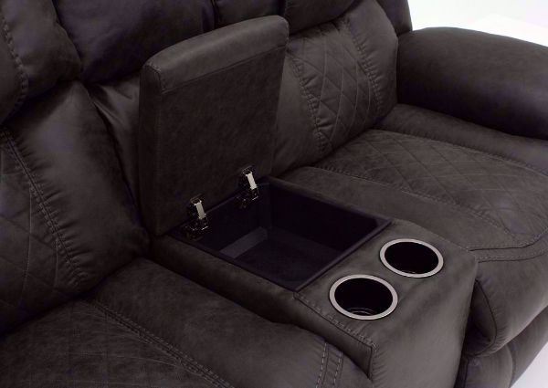 Gray Daytona Reclining Loveseat Storage Console Open | Home Furniture Plus Bedding