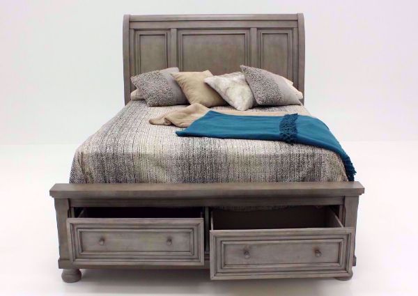 Light Gray Lettner King Size Sleigh Bed by Ashley Furniture Facing Front with the Footboard Drawers Open | Home Furniture Plus Bedding