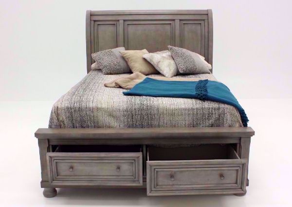 Light Gray Lettner Queen Size Sleigh Bed by Ashley Furniture Facing Front with the Footboard Drawers Open | Home Furniture Plus Bedding