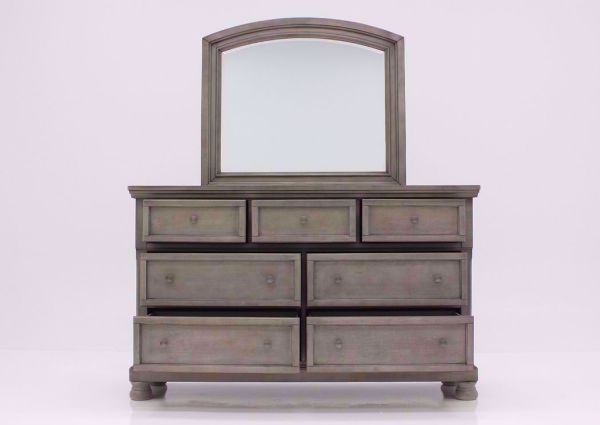 Distressed Light Gray Lettner Dresser with Mirror by Ashley Furniture Facing Front With thea Drawers Open | Home Furniture Plus Bedding