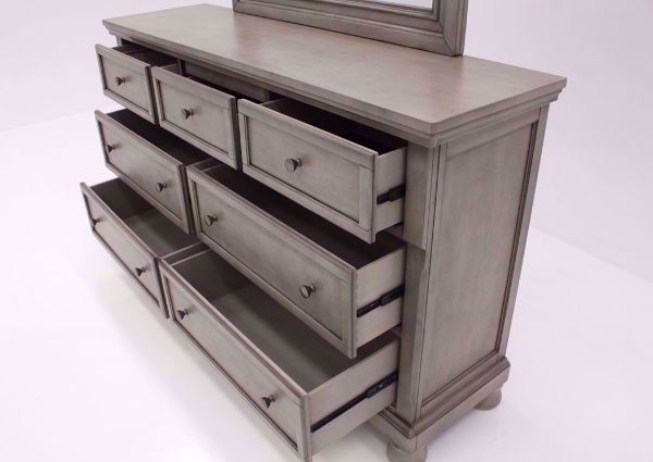 Distressed Light Gray Lettner Dresser with Mirror by Ashley Furniture Showing the Close Up of Drawers Open | Home Furniture Plus Bedding