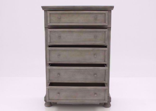 Distressed Light Gray Lettner Chest of Drawers by Ashley Furniture Facing Front With the Drawers Open | Home Furniture Plus Bedding