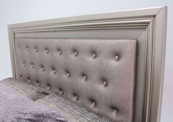 Metallic Silver Regency Queen Size Bed Showing the Upholstered Headboard Detail at an Angle | Home Furniture Plus Bedding