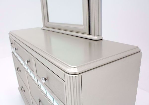 Silver Metallic Regency Dresser with Mirror at an Angle Showing the Top and Mirror Detail | Home Furniture Plus Bedding