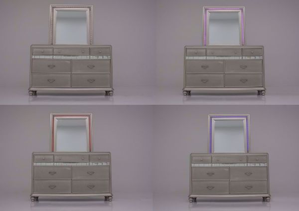 Silver Metallic Regency Dresser with Mirror Showing the Mirror Lights in White, Red, Purple and Blue in a Collage | Home Furniture Plus Bedding