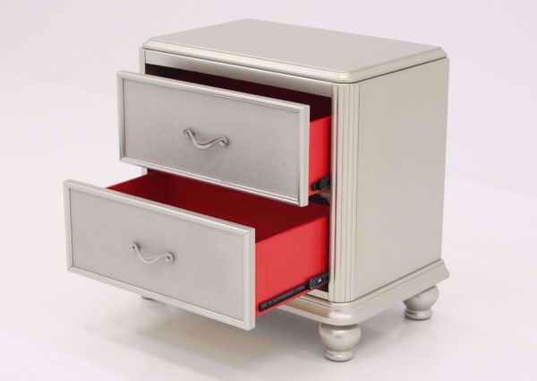 Metallic Silver Regency Nightstand at an Angle With the Drawers Open | Home Furniture Plus Mattress