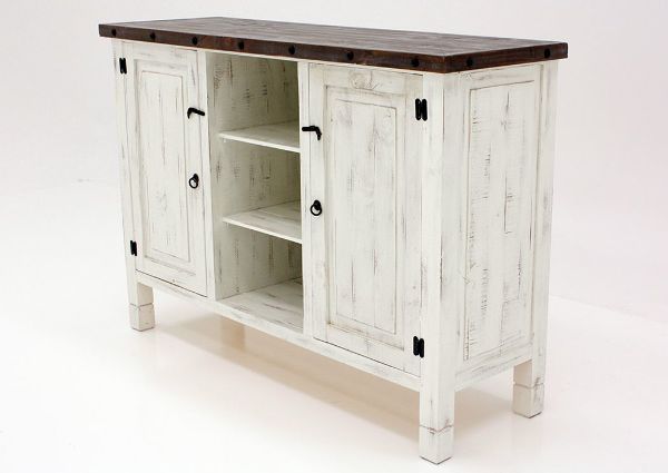 Distressed White and Ash Brown Mason Buffet, Ash and White at an Angle | Home Furniture Plus Bedding