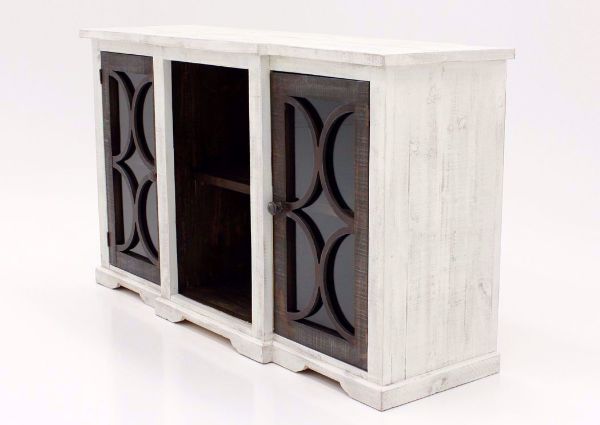 Distressed White and Ash Brown Winston TV Stand Hutch at an Angle | Home Furniture Plus Bedding