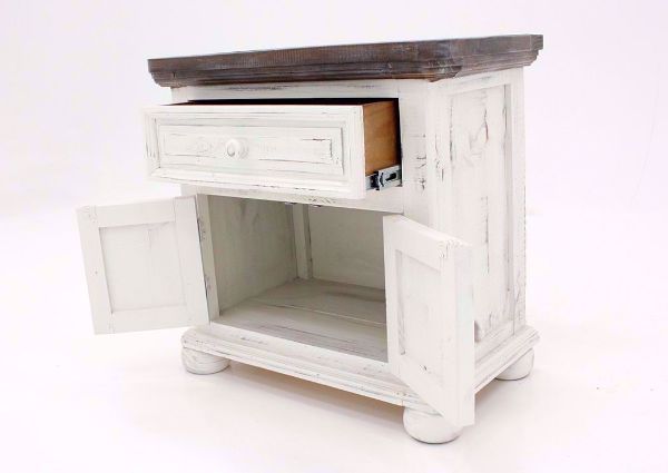 Distressed White Allie Nightstand at an Angle with the Door and Drawer Open | Home Furniture Plus Mattress