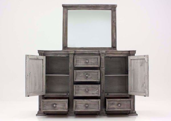 Weathered Gray Maverick Dresser with Mirror Facing Front With the Doors and Drawers Open | Home Furniture Plus Bedding
