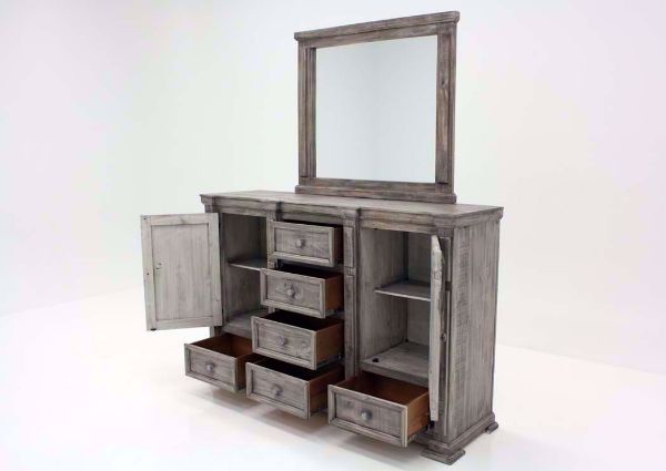 Weathered Gray Maverick Dresser with Mirror at an Angle with the Doors and Drawers Open | Home Furniture Plus Bedding