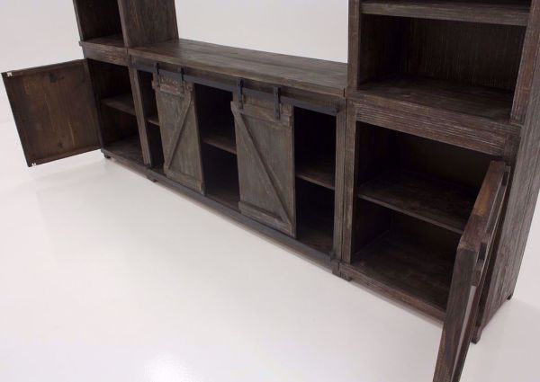 Braxton TV Stand, Barnwood Brown, Angle, Bottom Cabinets Open | Home Furniture Plus Bedding
