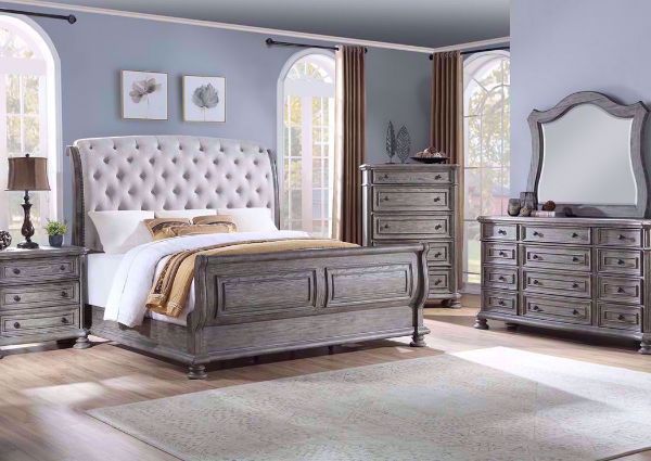 Room with the Gray Pecan Lake Way Bedroom Set includes Upholstered Queen Size Bed, Dresser with Mirror and Nightstand (Chest of Drawers Sold Separately) | Home Furniture Plus Mattress Store