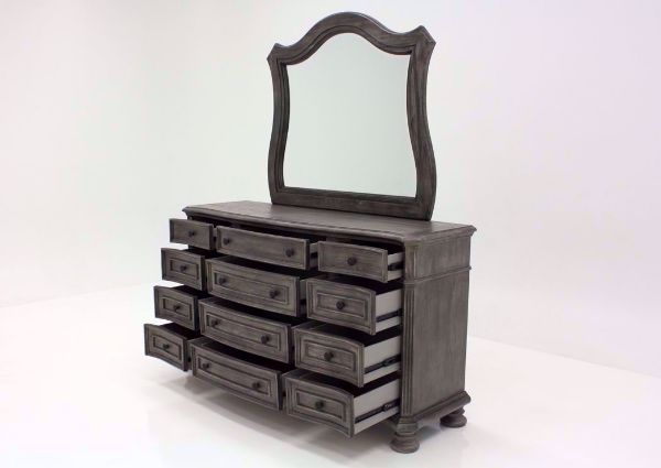 Gray Pecan Lake Way Dresser with Mirror at an Angle With the Drawers Open | Home Furniture Plus Mattress