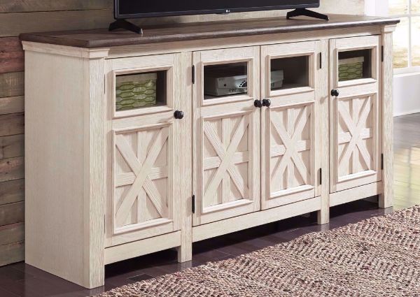 Room Shot of the Bolanburg TV Stand or Credenza by Ashley Furniture with White Finish and 4 Cabinets | Home Furniture Plus Bedding