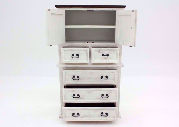 Rustic White Mansion Door Chest of Drawers, Front Facing with Cabinet and Drawers Open | Home Furniture Plus Mattress