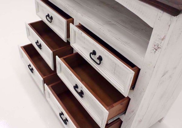 Rustic White Mansion TV or Media Chest of Drawers Showing the Drawers Close Up and Open | Home Furniture Plus Mattress