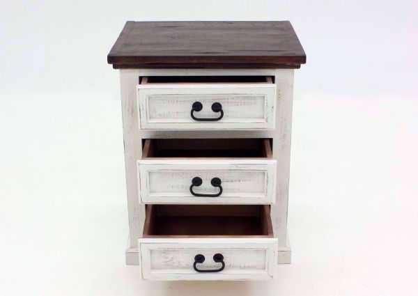 Distressed White Mansion 3 Drawer Nightstand Front Facing With the Drawers Open | Home Furniture Plus Mattress