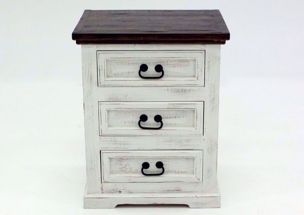 Distressed White Mansion 3 Drawer Nightstand Facing Front | Home Furniture Plus Mattress