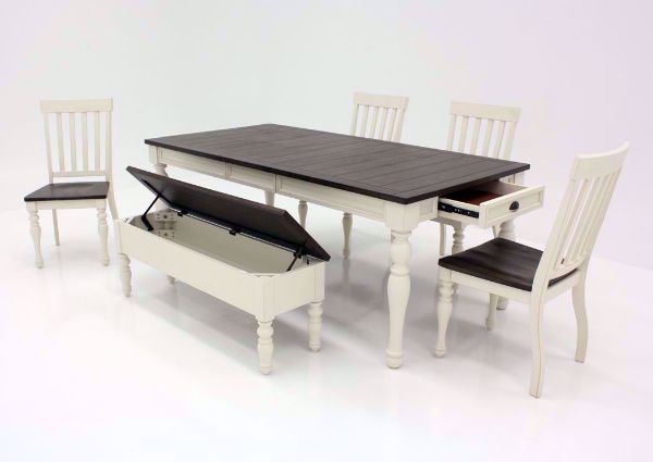 White Two-Tone Joanna Dining Table and Bench Set at an Angle With the Bench Open | Home Furniture Plus Bedding