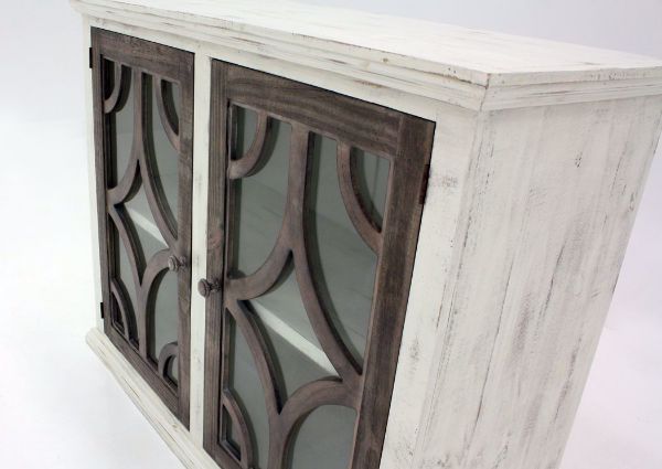 Close Up of the White Westgate Accent Cabinet Front with Brown Lattice and Glass Doors Viewing at an Angle | Home Furniture Plus Bedding