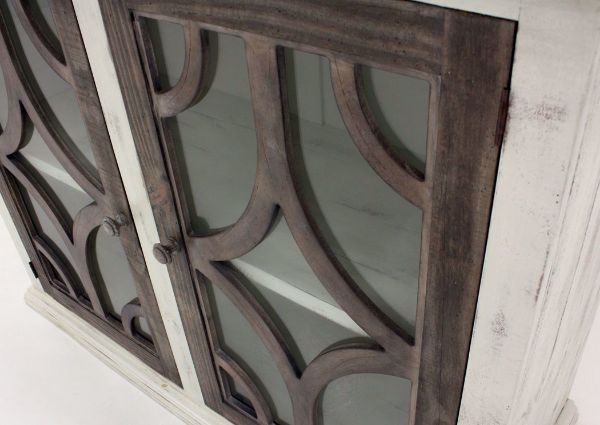 Close Up of White Westgate Accent Cabinet Brown Wood Lattice In the Doors at an Angle | Home Furniture Plus Bedding