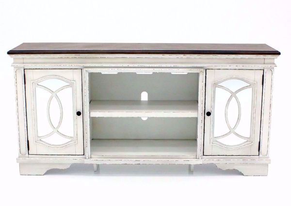 Distressed White Realyn TV Stand by Ashley Furniture Facing Front  | Home Furniture Plus Bedding