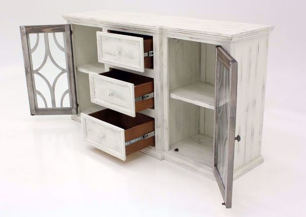 White and Brown Westgate Accent Cabinet at an Angle with Drawers and Doors Open | Home Furniture Plus Bedding