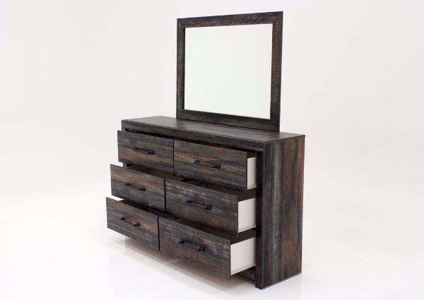 Rustic Barn Wood Brown Drystan Dresser with Mirror by Ashley Furniture at an Angle with the Drawers Open | Home Furniture Plus Mattress