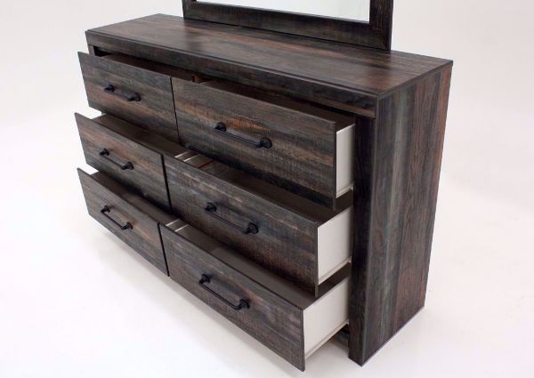 Rustic Barn Wood Brown Drystan Dresser with Mirror by Ashley Furniture Showing  the Drawers Open | Home Furniture Plus Mattress