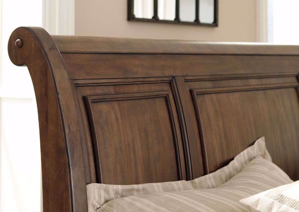 Tobacco Brown Flynnter Queen Size Storage Bed by Ashley Furniture Showing the Headboard | Home Furniture Plus Bedding