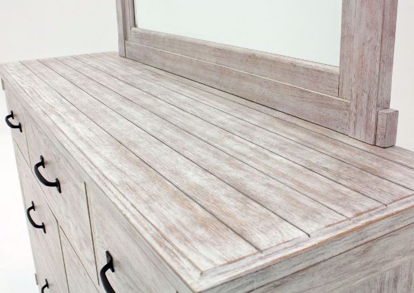 Distressed White Scott Dresser with Mirror by Elements Showing the Plank Style Top | Home Furniture Plus Mattress