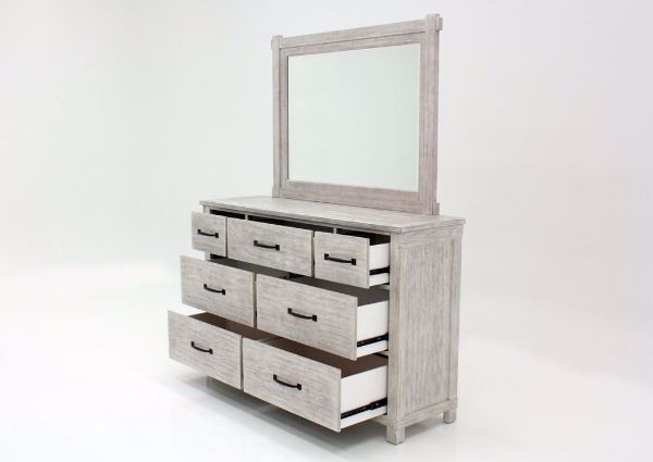 Distressed White Scott Dresser with Mirror by Elements at an Angle With the Drawers Open | Home Furniture Plus Mattress