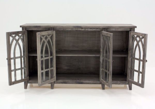 Distressed Gray Cathedral 4 Door Cabinet Facing Front With the 4 Four Doors Open | Home Furniture Plus Bedding