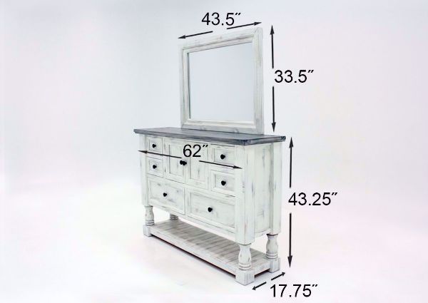 Rustic White Martha Dresser with Mirror by Vintage Furniture Showing the Dimensions | Home Furniture Plus Mattress