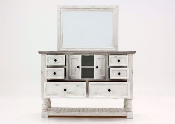 Rustic White Martha Dresser with Mirror by Vintage Furniture Facing Front with the Drawers and Cabinet Open | Home Furniture Plus Mattress
