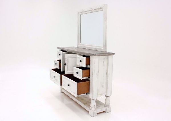 Rustic White Martha Dresser with Mirror by Vintage Furniture at an Angle with the Drawers and Cabinet Open | Home Furniture Plus Mattress