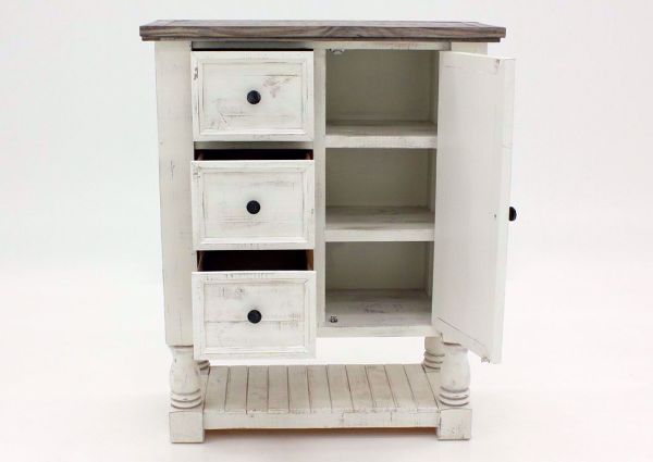 Rustic White Martha Chest by Vintage Furniture Facing Front With the Drawers and Cabinet Open | Home Furniture Plus Mattress