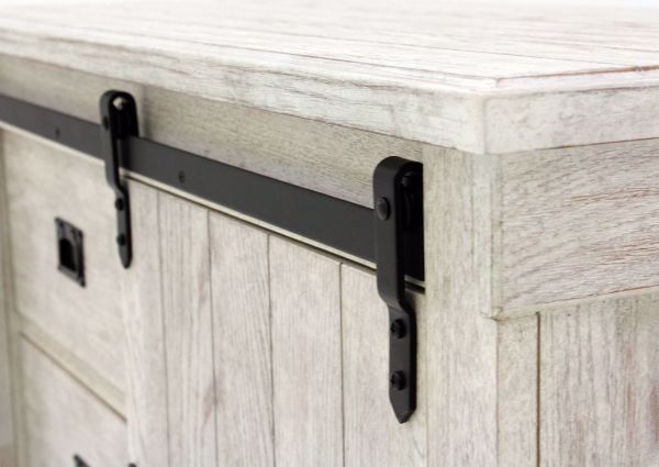 Distressed White Scott Chest of Drawers by Elements Barn Door Metal Hardware Detail | Home Furniture Plus Mattress