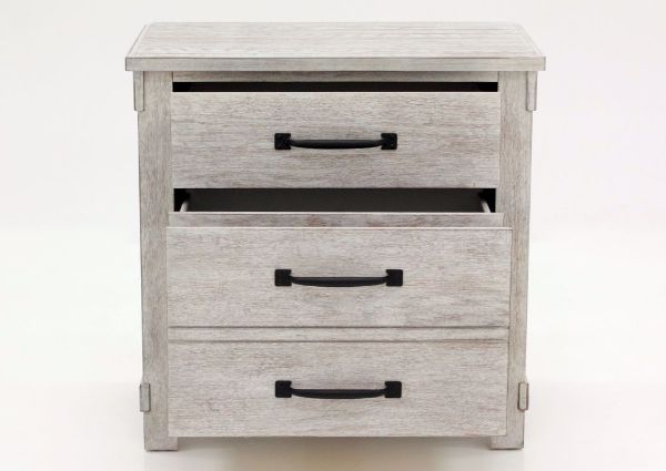 Distressed White Scott Nightstand by Elements Facing Front With the Drawers Open | Home Furniture Plus Mattress