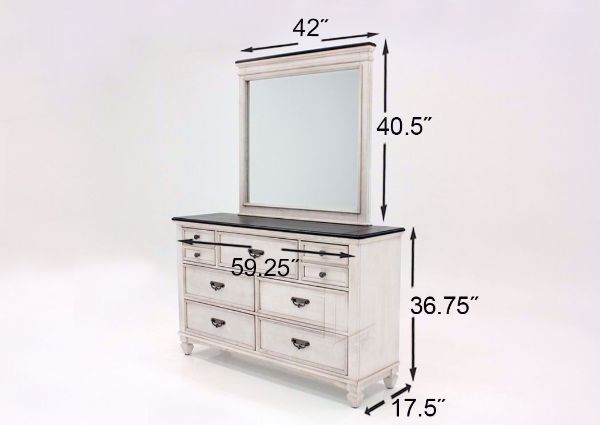 Off White Sawyer Dresser with Mirror by Crownmark Showing the Dimensions | Home Furniture Plus Mattress