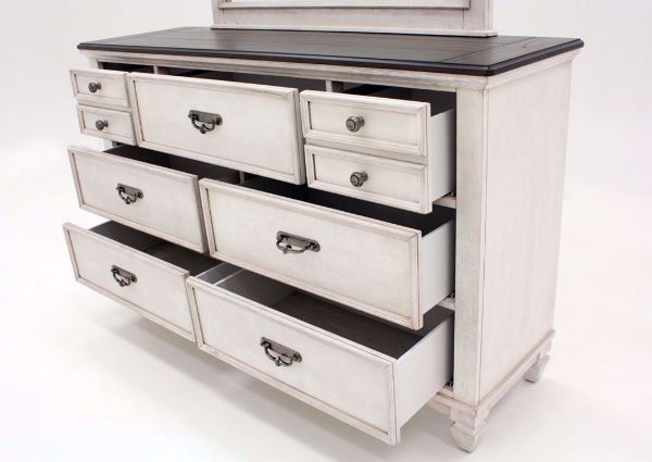 Off White Sawyer Dresser with Mirror by Crownmark Showing the Open Drawers | Home Furniture Plus Mattress