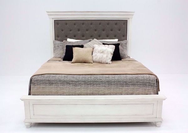 Distressed White Kanwyn Upholstered Queen Size Bed by Ashley Facing Front | Home Furniture Plus Mattress