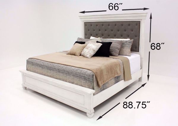 Distressed White Kanwyn Upholstered Queen Size Bed by Ashley Showing the Dimensions | Home Furniture Plus Mattress
