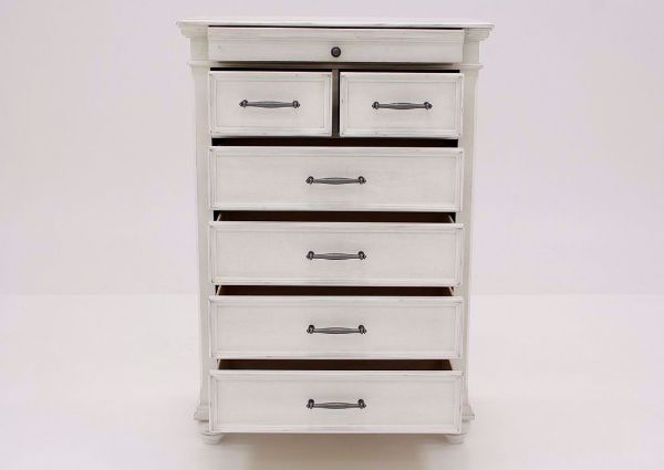 Distressed White Kanwyn Chest of Drawers by Ashley Facing Front with the Drawers Open | Home Furniture Plus Mattress