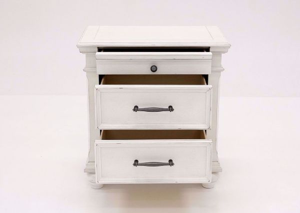 Distressed White Kanwyn 3 Drawer Nightstand by Ashley Facing Front With the Drawers Open | Home Furniture Plus Mattress