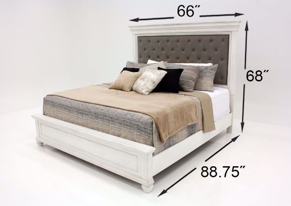 Distressed White Kanwyn Upholstered Bedroom Set by Ashley Showing the Queen Bed Dimensions | Home Furniture Plus Mattress