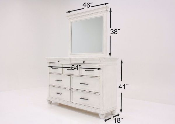 Distressed White Kanwyn Upholstered Bedroom Set by Ashley Showing the Dresser with Mirror Dimensions | Home Furniture Plus Mattress
