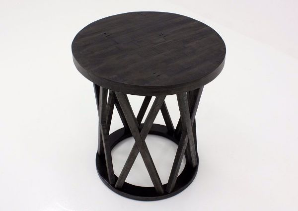Round Table Top and Side View of Base of the Sharzane End Table by Ashley with Dark Gray Finish | Home Furniture + Bedding
