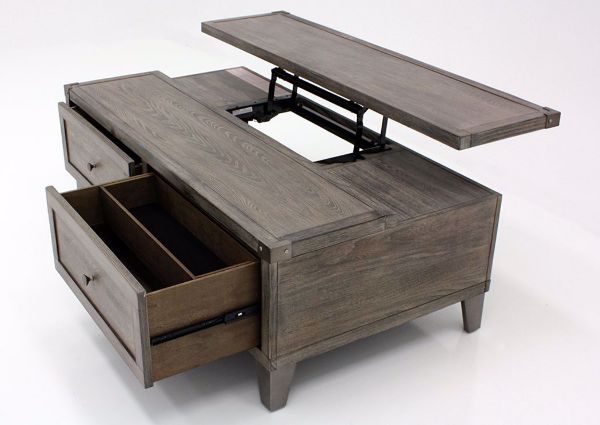 Chaxney Coffee Table by Ashley Showing Table Top Lifted with Open Storage Drawer | Home Furniture Plus Bedding